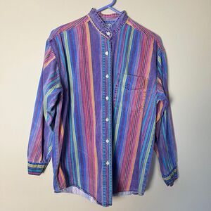 Vintage Bonjour Shirt Womens Medium Purple Striped Denim Button Up 90s Shirt